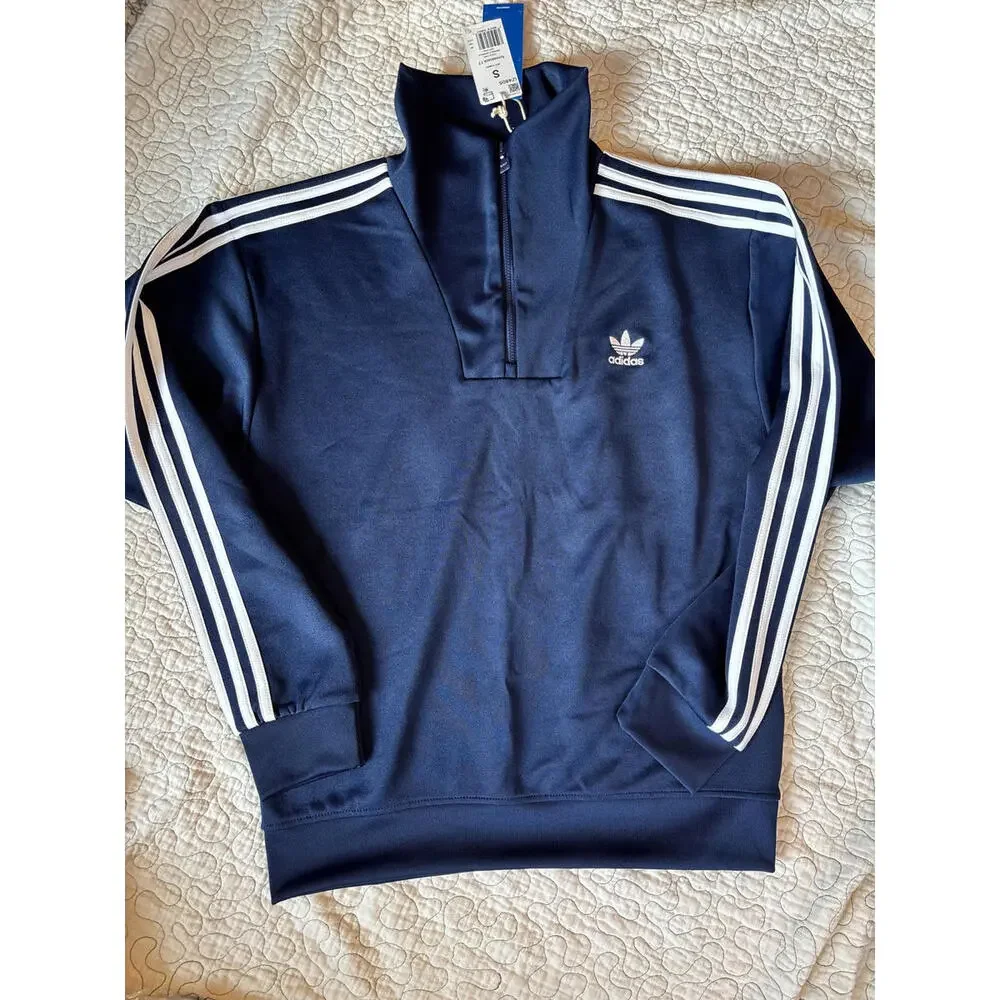 Adidas Men's Navy Blue 1/4‎ Zip Sweatshirt with White Stripes Size Small #755